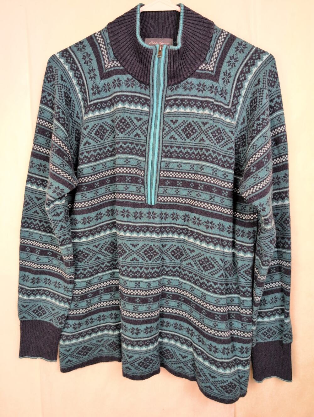 Eddie Bauer teal green fair isle quarter zip sweater size XL Ski Cabin Classic